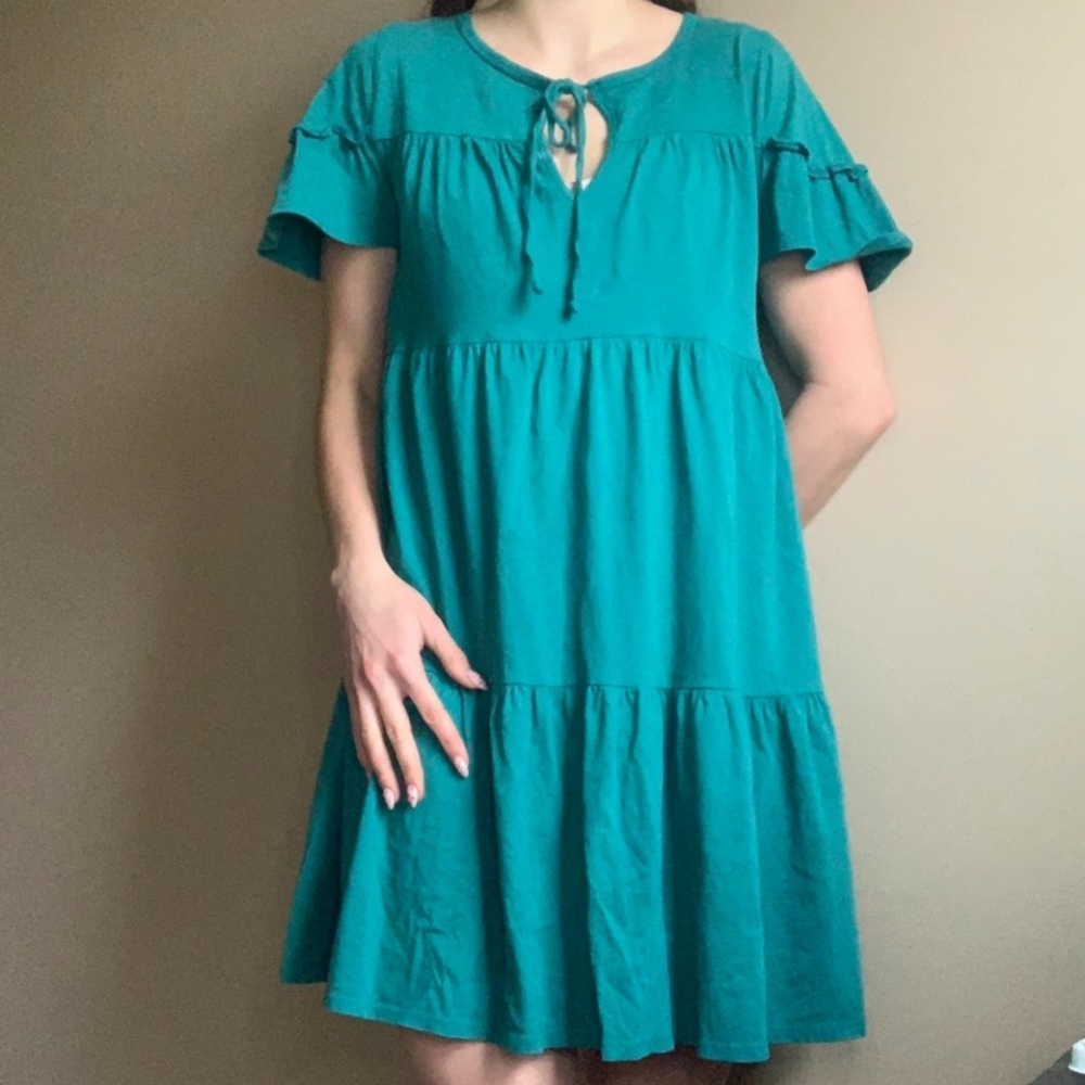 NWT J.Crew Broken-in Jersey Tiered Cotton Summer Mini Dress Green Color Size S - Picture 2 of 14